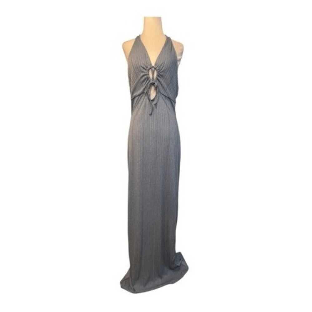 IRIS Halter Maxi Dress Blue‎ Ribbed Knit Keyhole Tie Front Open Back L